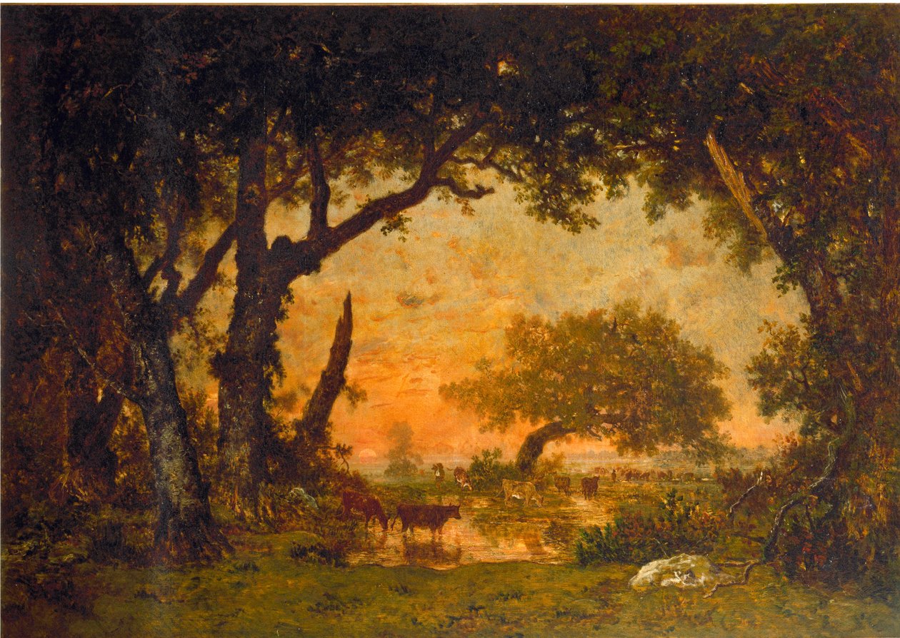 Exit of the forest in Fontainebleau, sunset (oil on canvas بواسطة بيير إتيان ثيودور روسو