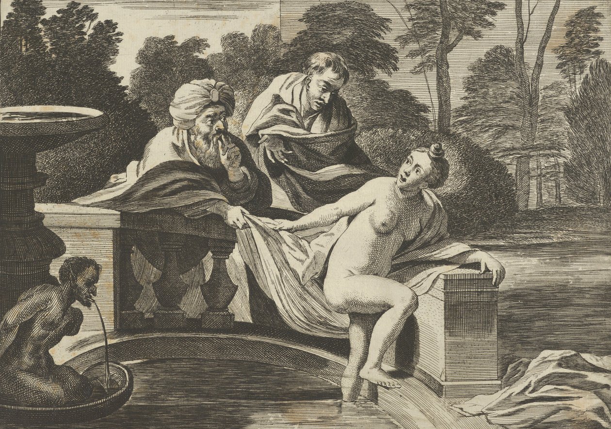 سوزانا عارية جزئيًا وتخرج من نافورة مع شيخين على اليسار ، أحدهما ... ، كاليفورنيا. 1656-60. بواسطة تيودوروس فان كيسيل