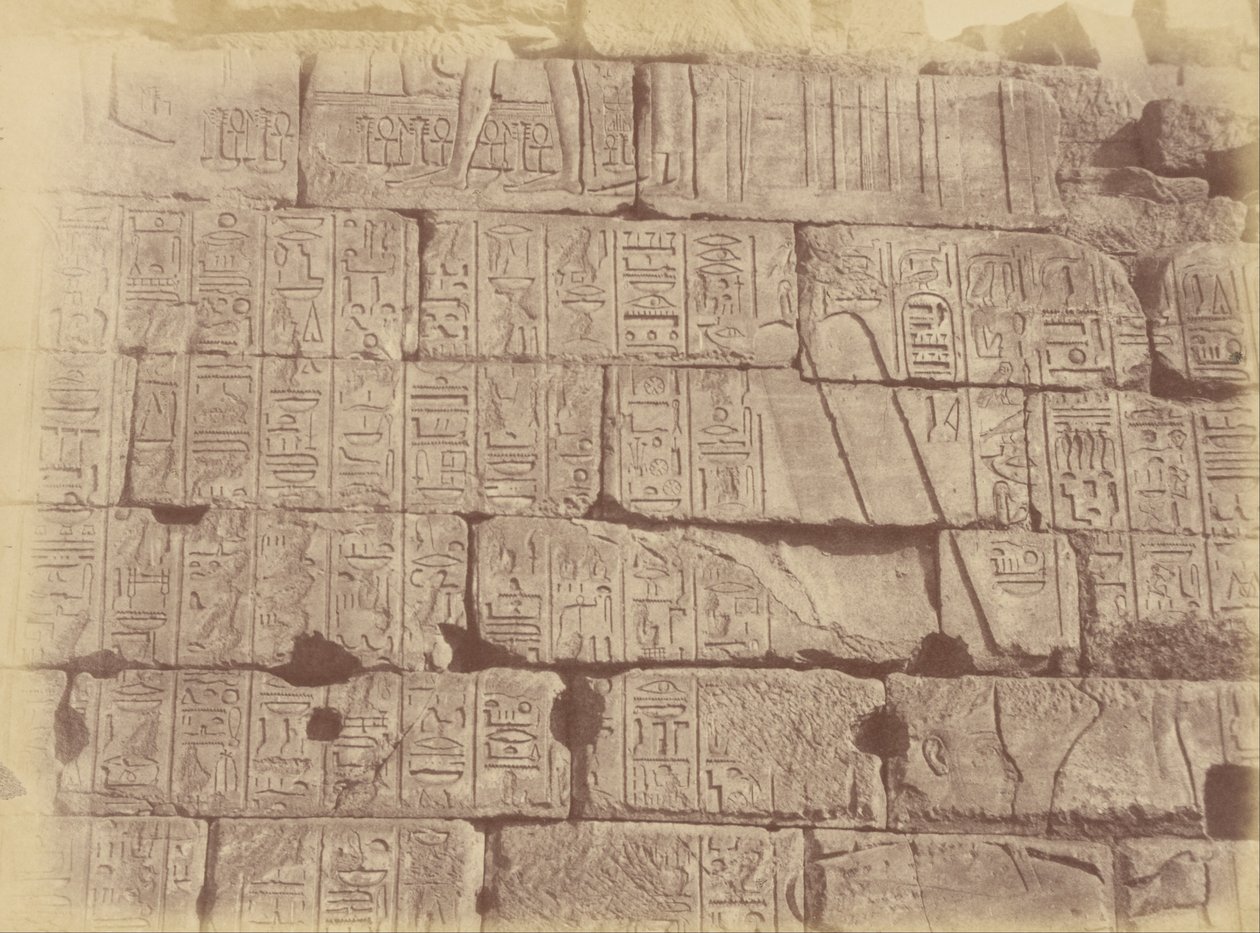 منظر عن قرب للنقوش والمنحوتات الهيروغليفية (قائمة الدول المهزومة) ، الكرنك بواسطة Théodule Devéria