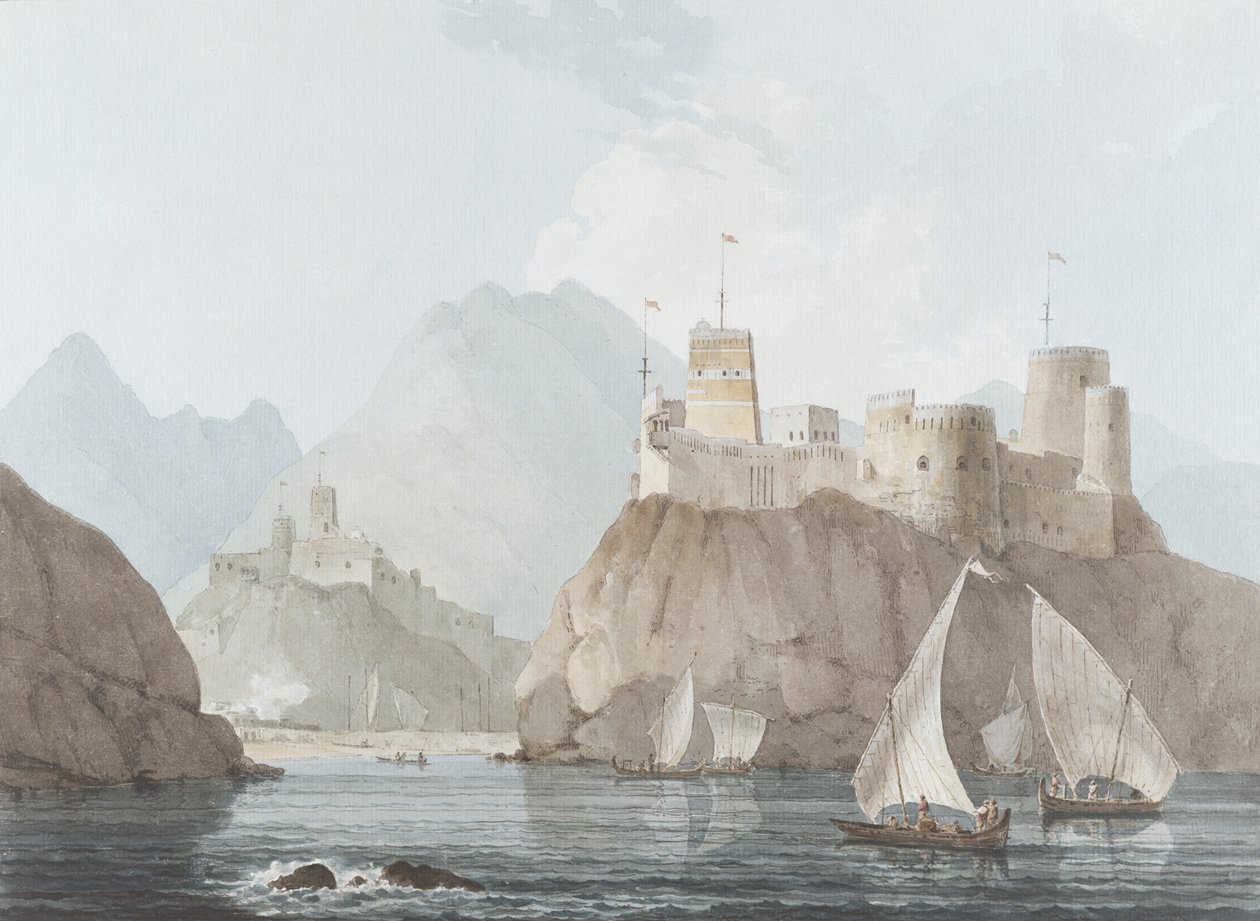 منظر شرقي للحصون جلالي وميراني ، مسقط ، شبه الجزيرة العربية ، يونيو 1793 (مرحاض ، قلم حبر وقلم رصاص على ورق) بواسطة توماس وويليام دانييل