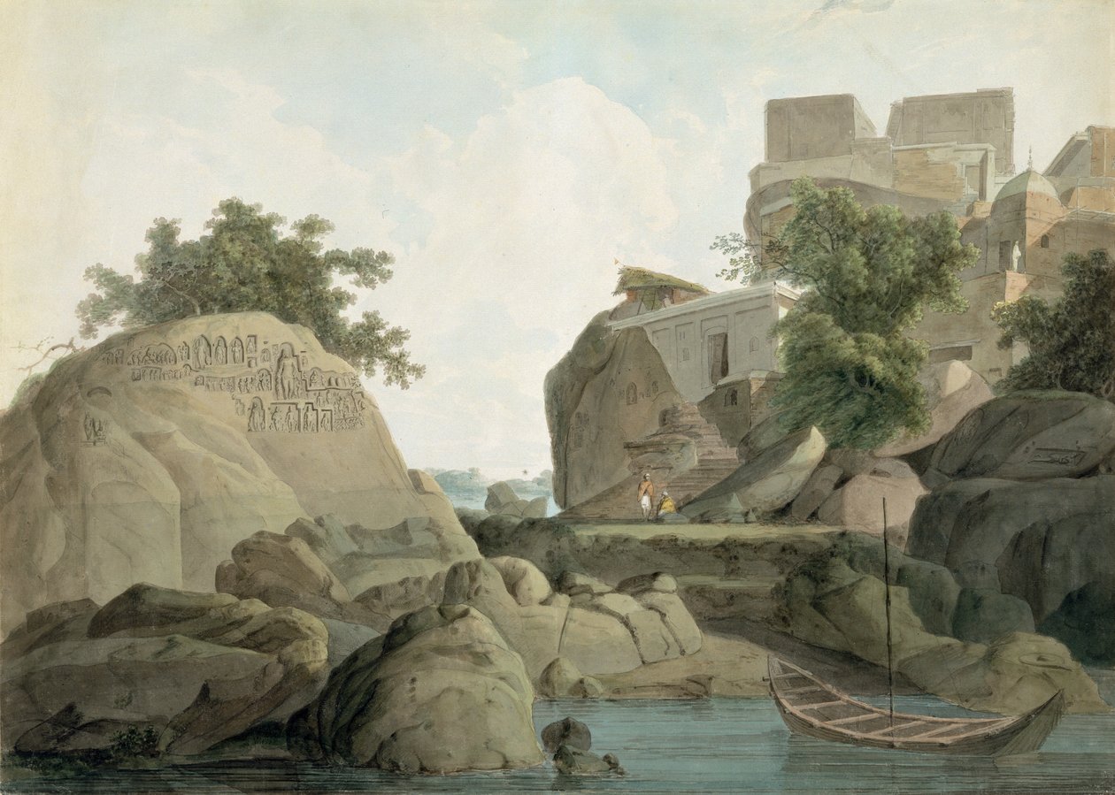 صخرة فكير في Sultanganj ، على نهر الغانج ، الهند ، c.1790 (مرحاض فوق الجرافيت على الورق) بواسطة توماس وويليام دانييل
