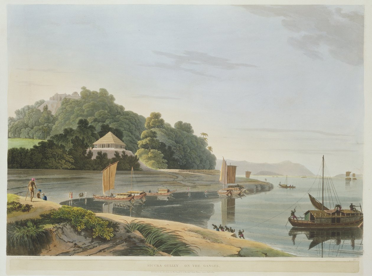 Siccra Gully on the Ganges ، اللوحة التاسعة من الجزء 6 من "المشهد الشرقي" ، الحانة. 1804 (أكواتينت) بواسطة توماس وويليام دانييل
