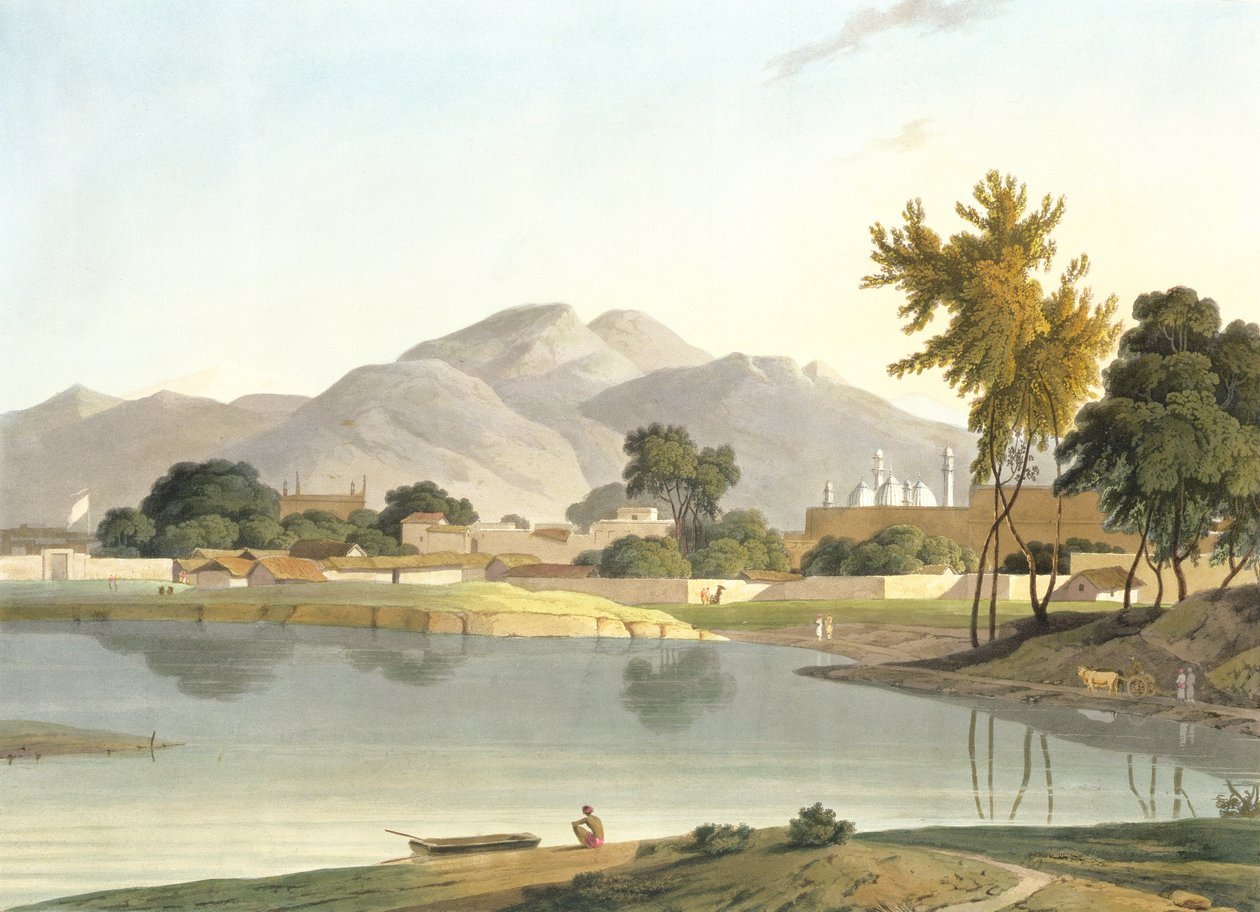 منظر في نيجيب آباد ، بالقرب من Coaduwar Gaut ، Rohilcund ، اللوحة XIII من الجزء 6 من "المشهد الشرقي" ، الحانة. 1804 (أكواتينت) بواسطة توماس وويليام دانييل