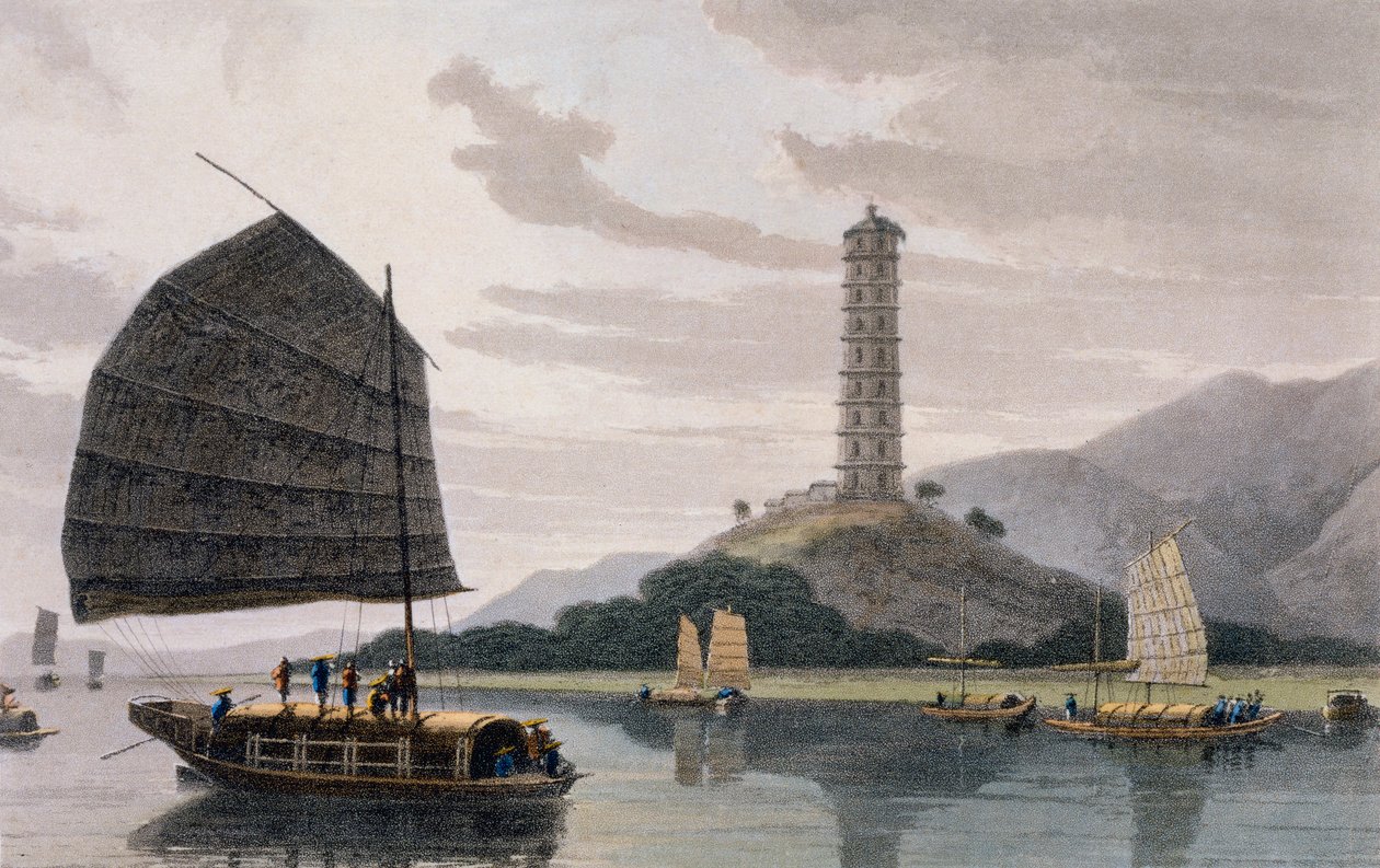 Wham Poa Pagoda ، مع قوارب تبحر في الأمام ، من "رحلة رائعة إلى الهند ، على طريق الصين" ، 1810 بواسطة توماس وويليام دانييل