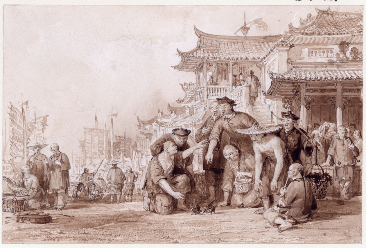 كانتون Bargemen Fighting Quails ، 1843 (حبر وقلم رصاص على ورق) بواسطة توماس ألوم