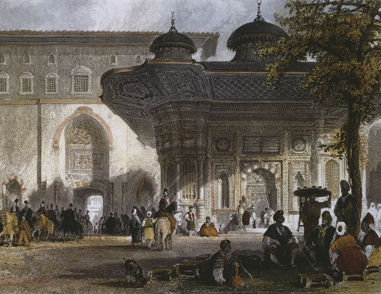 البوابة الإمبراطورية لقصر توبكابي ونافورة السلطان أحمد الثالث ، اسطنبول ، 1839 (نقش ملون) بواسطة توماس ألوم