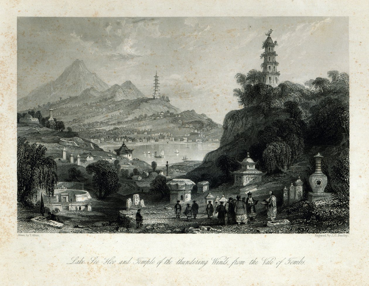 بحيرة See-Hoo ومعبد الرياح الرعدية ، من Vale of Tombs ، محفورة بواسطة JC Bentley ، 1843 (نقش الفولاذ) بواسطة توماس ألوم