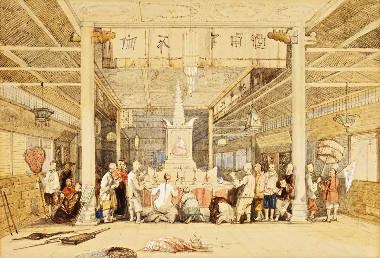 معبد بوذا ، كانتون ، c.1850 (قلم وحبر ، قلم رصاص ، غسيل ، مرتفع باللون الأبيض على الورق) بواسطة توماس ألوم