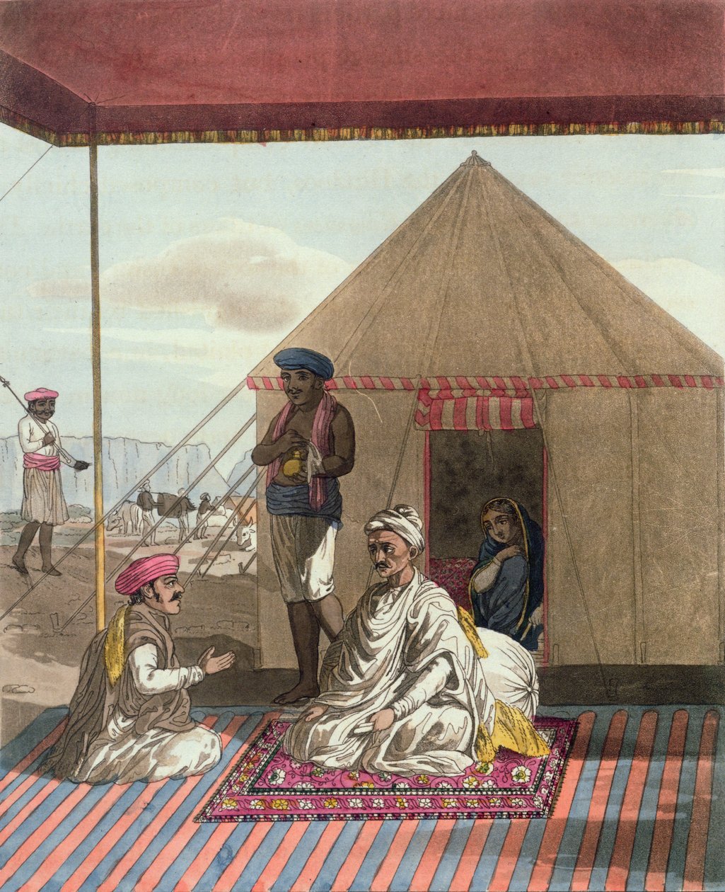 مهراتا بانديت وعائلته ، من "معسكر مهراتا" ، 5 أبريل 1813 (نقش ملون) بواسطة توماس باكستر