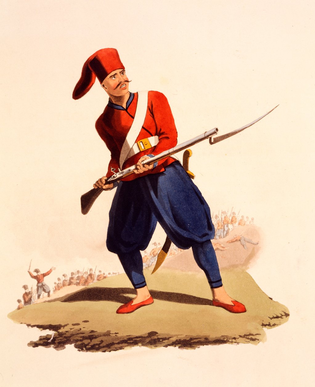 ضابط من المشاة الأوروبية للجيش العثماني ، من "الزي العسكري لتركيا" ، نُشر عام 1818 (ألوان مائية يدوية) بواسطة توماس تشارلز واجيمان