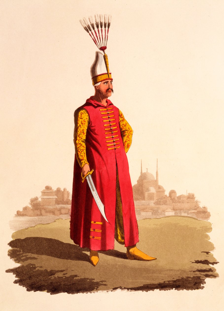 ضابط الإنكشارية ، من "الزي العسكري لتركيا" ، تم نشره عام 1818 (ألوان مائية يدوية) بواسطة توماس تشارلز واجيمان