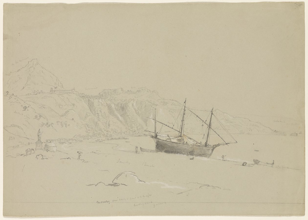 قارب على شاطئ بالقرب من تاورمينا ، صقلية ، 1842 (قلم رصاص مرتفع بطباشير بيضاء على ورق) بواسطة توماس كول