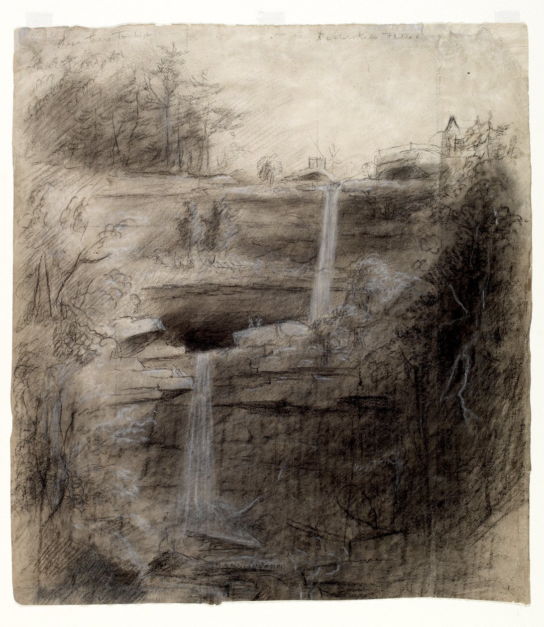 شلال مزدوج - شلالات Kaaterskill ، 1826 (فحم ، قلم تلوين أبيض وأسود وقلم رصاص على ورق) بواسطة توماس كول