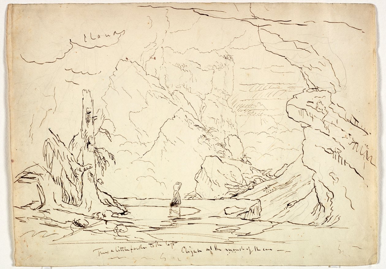 إيليا عند مصب الكهف ، c.1829 (قلم وحبر فوق جرافيت على ورق) بواسطة توماس كول