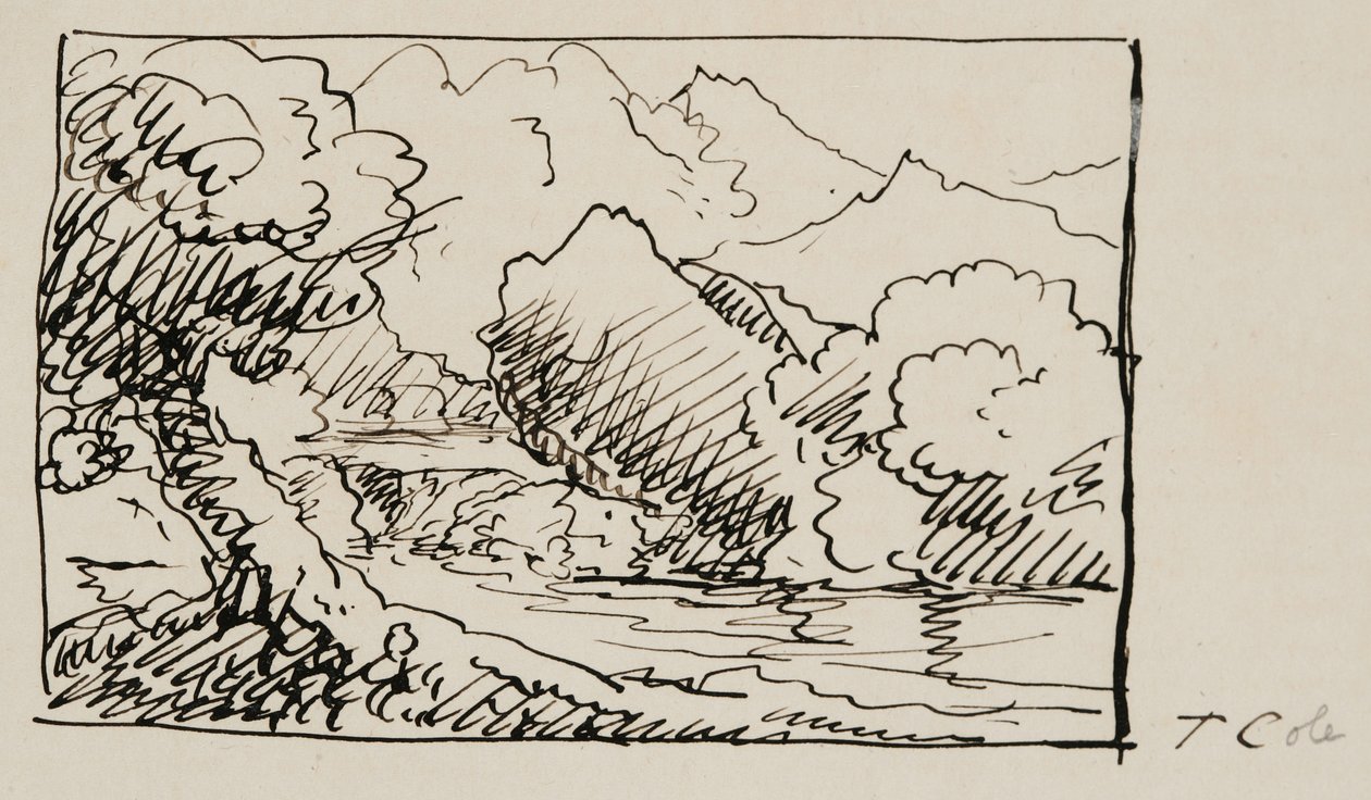 رسم مناظر طبيعية ، 1841 (قلم وحبر أسود على ورق كريمي منسوج) بواسطة توماس كول