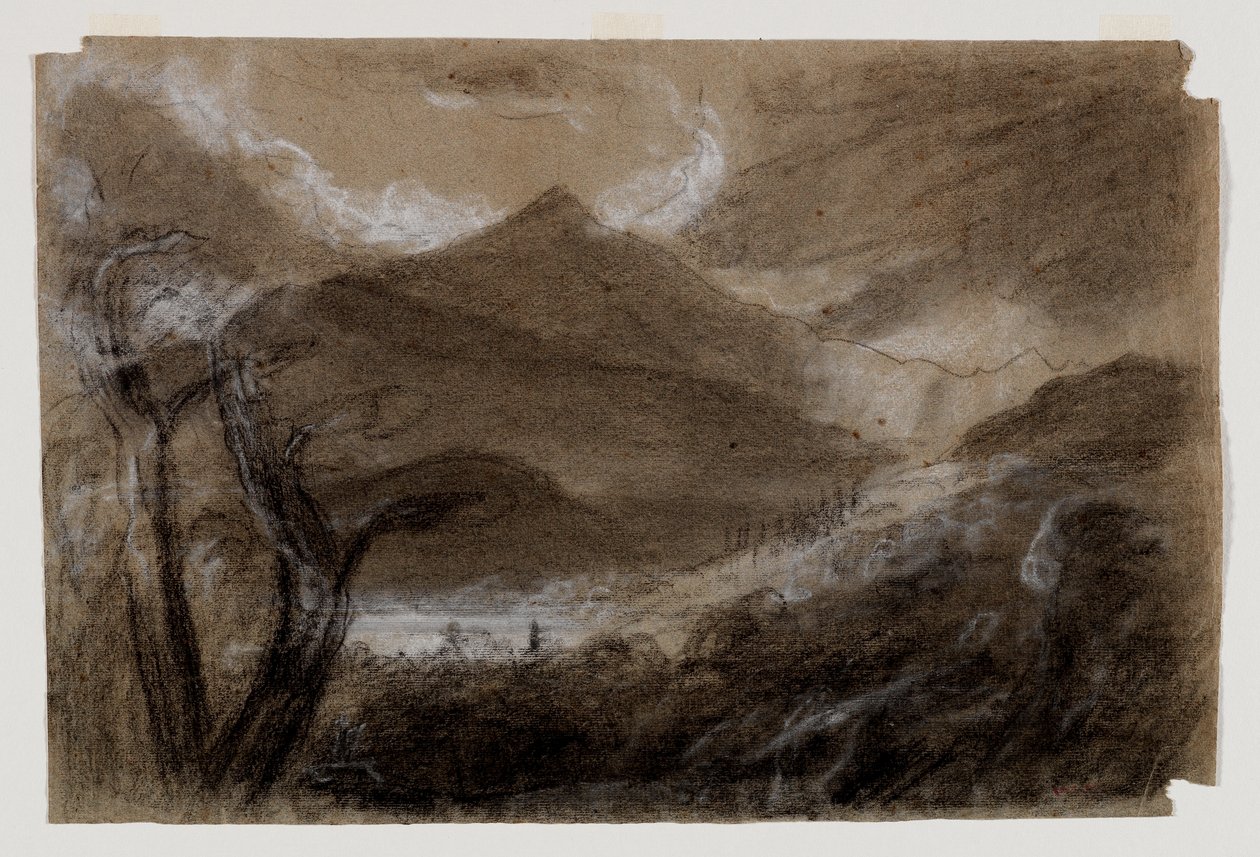 جبل شرون ، آديرونداكس ، c.1837 (طباشير أبيض وأسود على ورق منسوج رمادي) بواسطة توماس كول