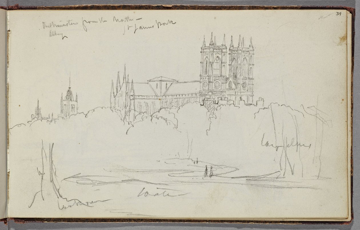 دير وستمنستر من الشمال ، سانت جيمس بارك ، c.1830 (قلم رصاص من الجرافيت على ورق منسوج من البيض) بواسطة توماس كول