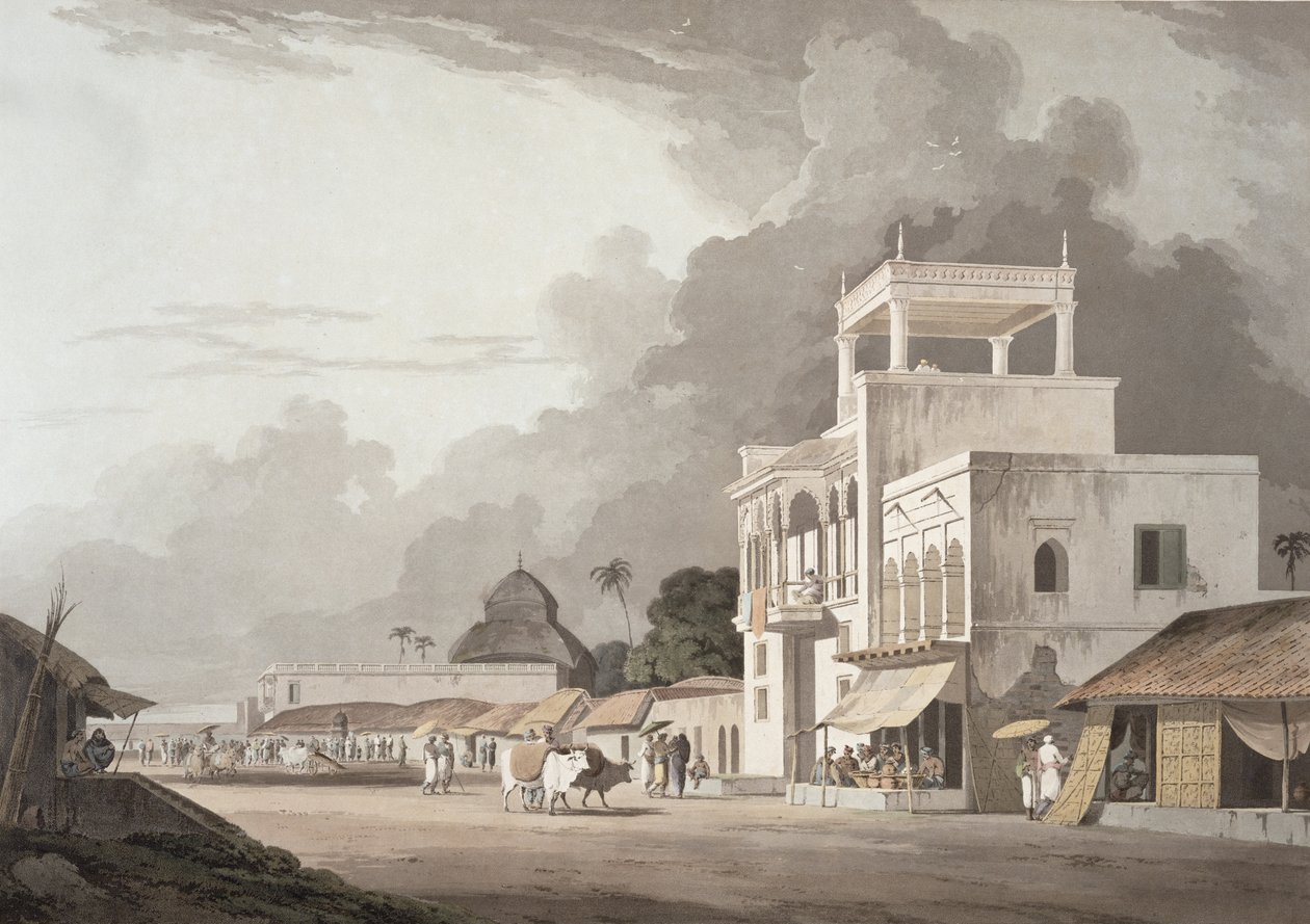 منظر على طريق تشيتبور ، كالكوتا ، اللوحة الثانية من "المشهد الشرقي" ، تم نشره عام 1797 (ألوان مائية ملونة) بواسطة توماس دانييل