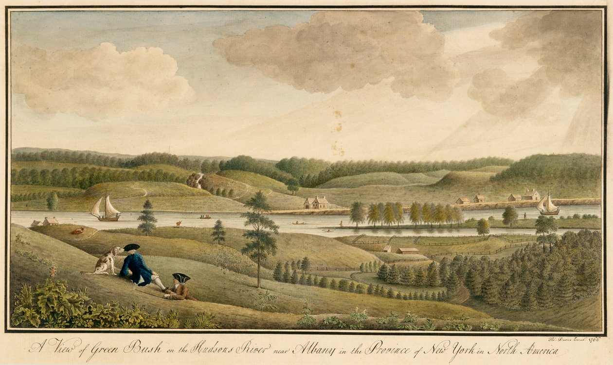 منظر لجرينبوش على نهر هدسون بالقرب من ألباني ، في مقاطعة نيويورك ، 1766 (مرحاض وحبر أسود فوق الجرافيت على ورق) بواسطة توماس ديفيز
