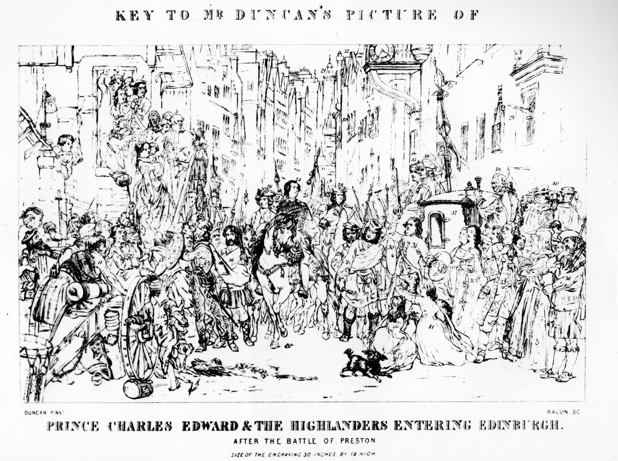 مفتاح صورة السيد دنكان للأمير تشارلز إدوارد (1720-1788) و Highlanders الذين دخلوا إدنبره بعد معركة بريستون ، 21 سبتمبر 1745 ، نقشها بيكون (انظر 10 بواسطة توماس دنكان