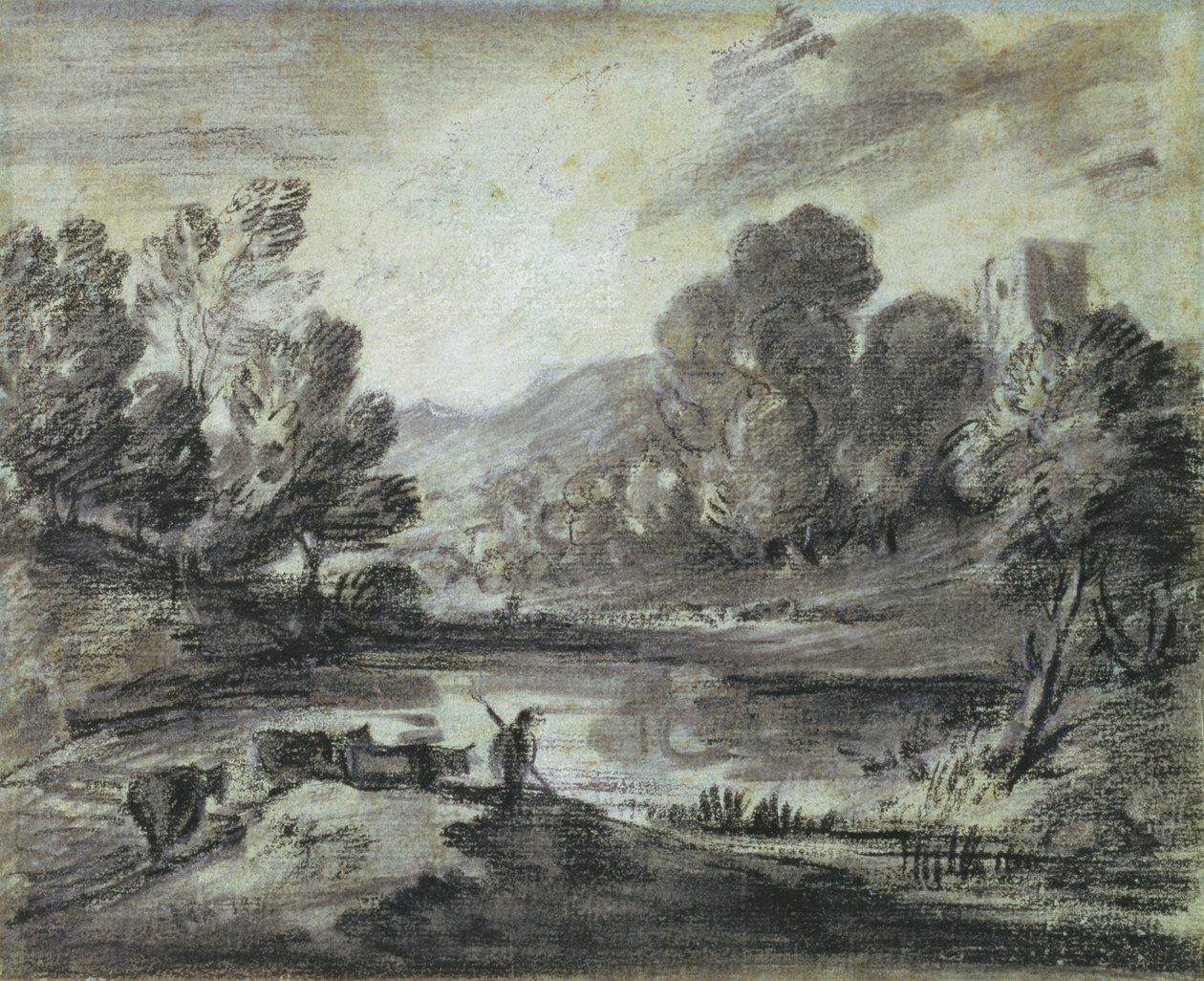 منظر تلال ، c.1775-80 (طباشير أسود ، جدعة وطباشير بيضاء على ورق أزرق) بواسطة توماس غينزبورو