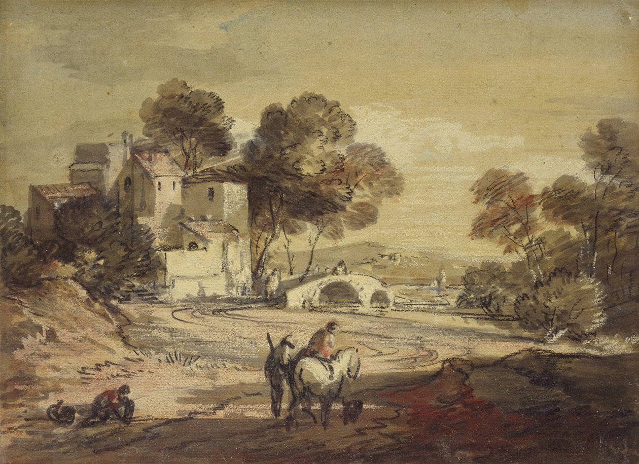 المناظر الطبيعية الإيطالية مع المسافرين على طريق متعرج ، 1775 - 1779 (طباشير أسود مع ألوان مائية وألوان هيكلية ، مصقولة) بواسطة توماس غينزبورو