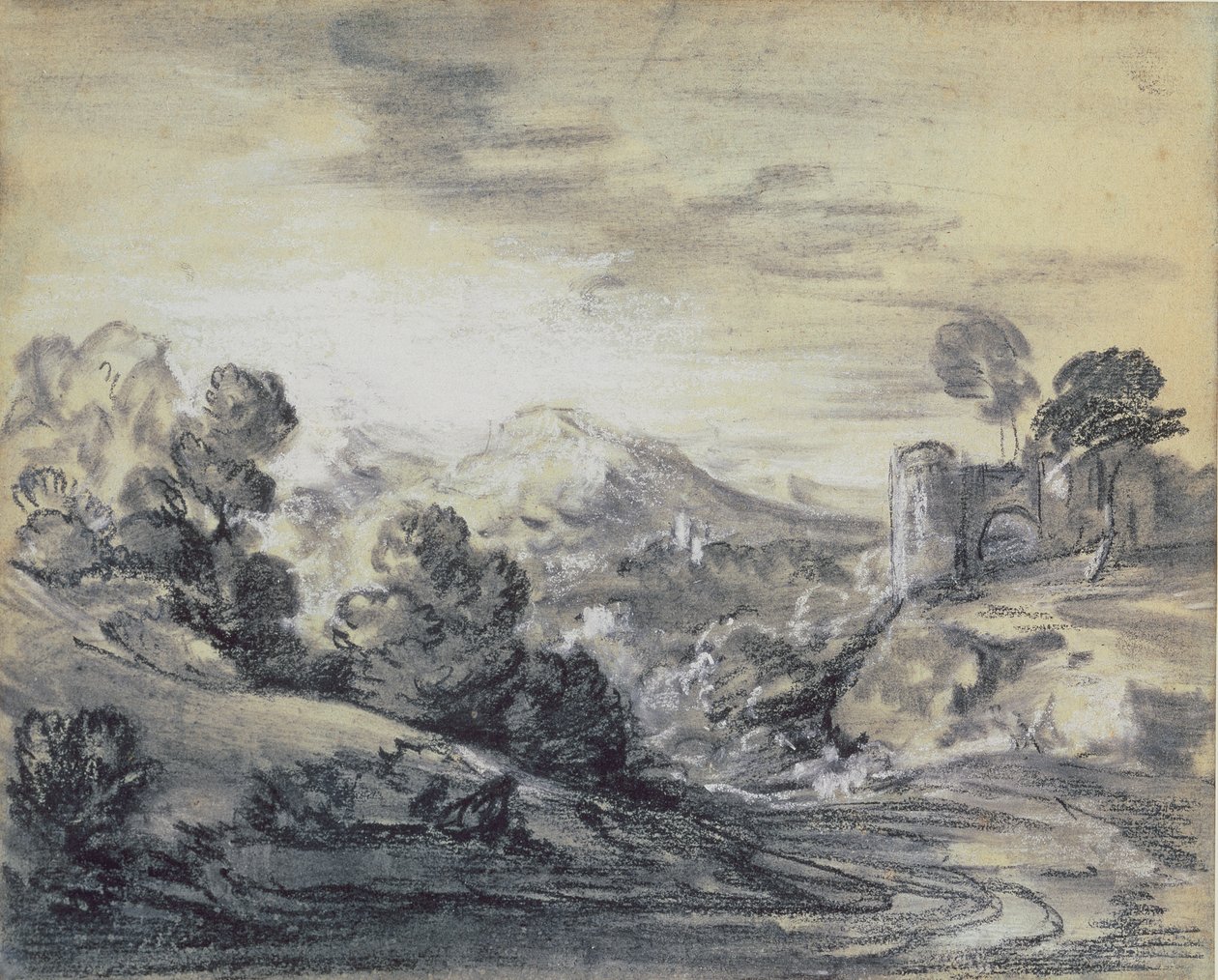 المناظر الطبيعية المشجرة مع القلعة ، c.1785-88 (الطباشير الأسود والأبيض على ورق مسدود) بواسطة توماس غينزبورو