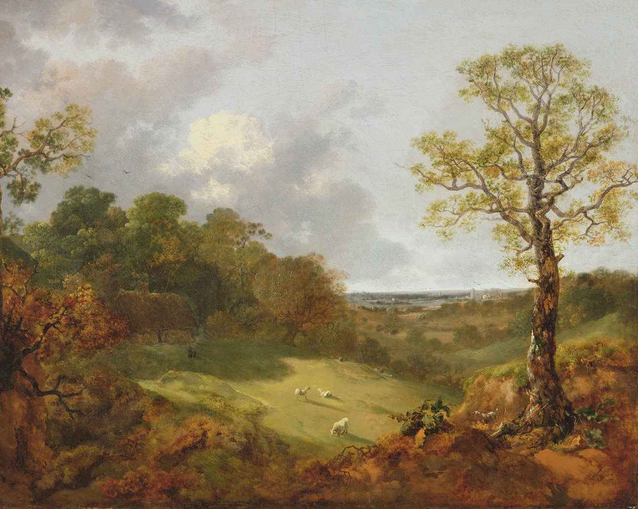 المناظر الطبيعية المشجرة مع كوخ ، والأغنام والراعي المتكئ ، c.1748-50 بواسطة توماس غينزبورو