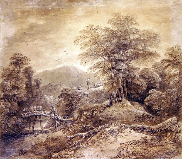 معبر المناظر الطبيعية في الجبال المشجرة والأبقار ، 1759 (قلم وحبر ومرحاض على الورق) (انظر أيضًا 352793) بواسطة توماس غينزبورو