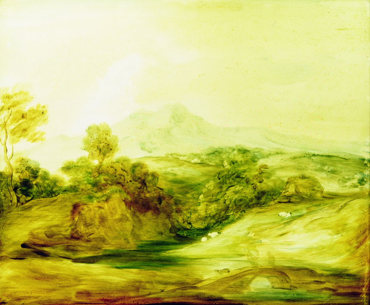 منظر طبيعي لنهر مشجر بأشكال على جسر ، c.1783-4 (طلاء على الزجاج) بواسطة توماس غينزبورو