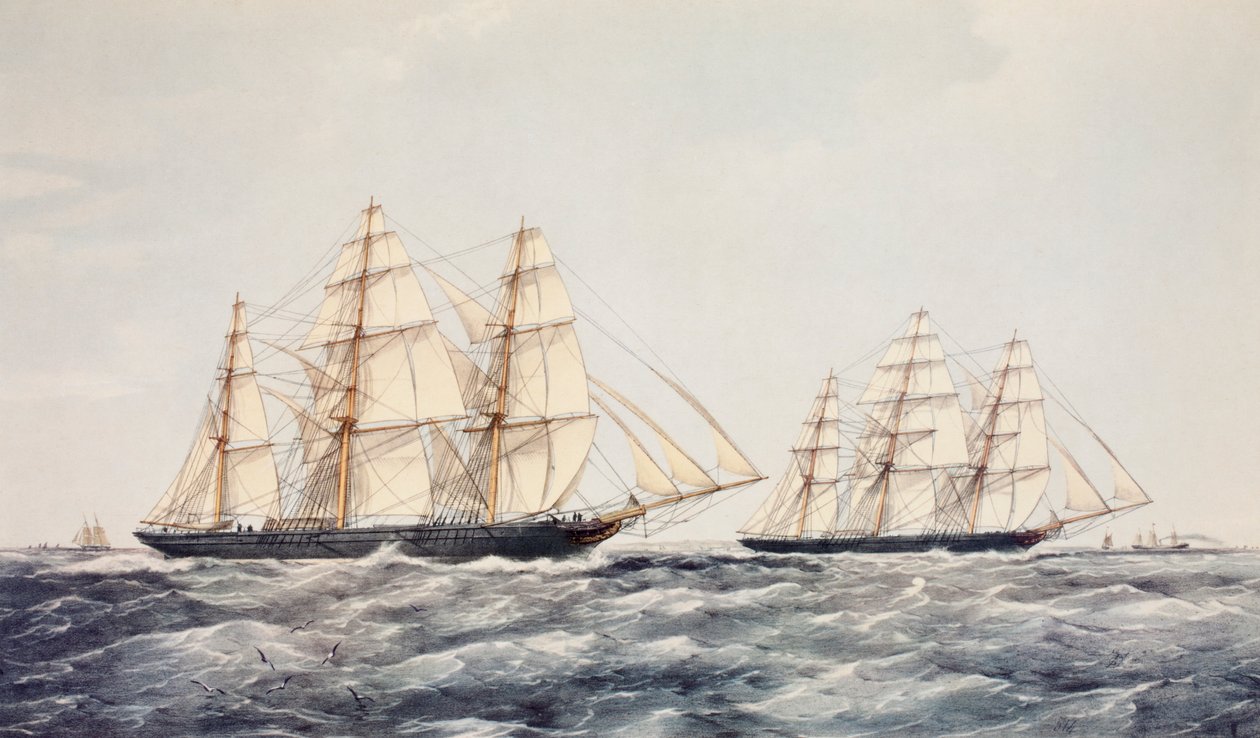 كليبرز الشاي Taeping (يسار) وارييل (يمين) في سباق الشاي العظيم لعام 1866 ، من الصين إلى لندن بواسطة توماس جولدسوورث دوتون
