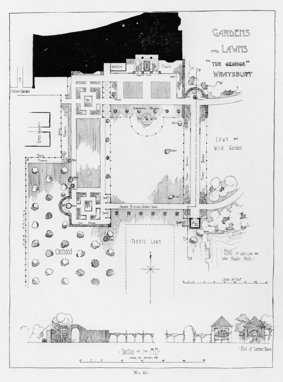 Garden and Lawns، The Grange، Wraysbury، from Thomas Mawsons The Art and Craft of Garden Making، نشرت عام 1900 بواسطة توماس هايتون موسون