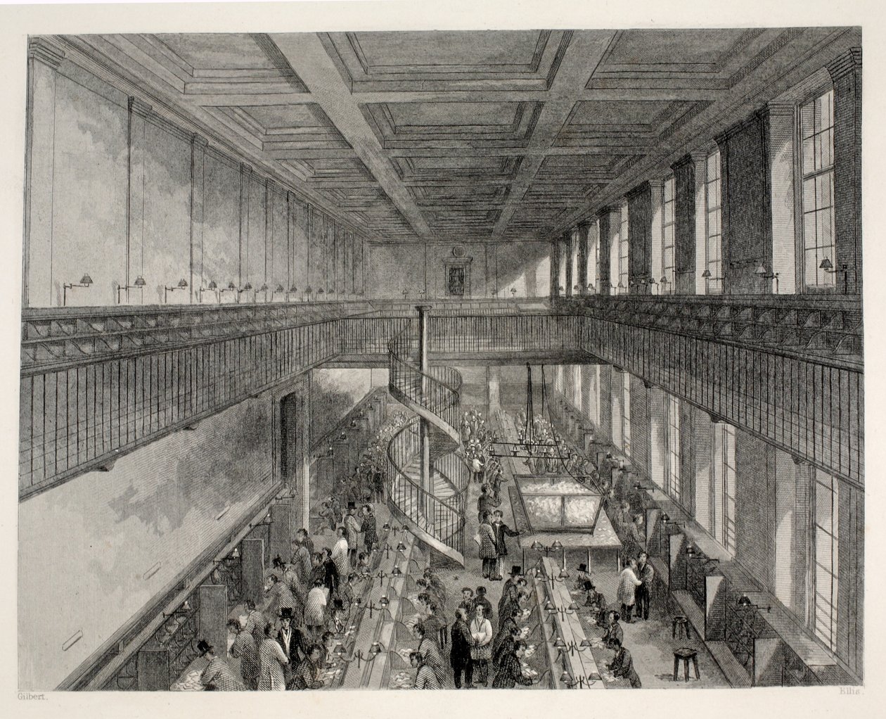 تم ترتيب مكتب البريد العام ، غرفة Letter Carriers لإرسال الصحف ، من "London Interiors مع حانة الأزياء والاحتفالات الخاصة بهم". جوزيف ميد ، لندن ، 1843 (نقش الفولاذ) بواسطة توماس هوسمر شيبرد