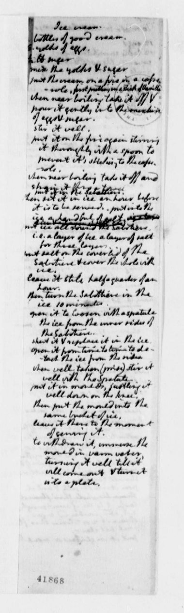 وصفة لآيس كريم الفانيليا ، c.1780 (حبر على ورق) بواسطة توماس جيفرسون