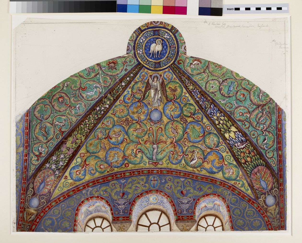 رسم للفسيفساء في قبو Chancel of San Vitale ، رافينا ، 1884 (ألوان مائية ، ألوان الجسم ، وطلاء ذهبي فوق الجرافيت على ورق منسوج) بواسطة توماس ماثيوز روك