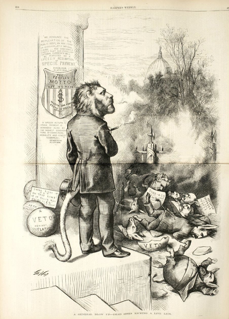 A General Blow Up - Dead Asses Kick a Lion Lion ، 1874 (نقش الخشب) بواسطة توماس ناست