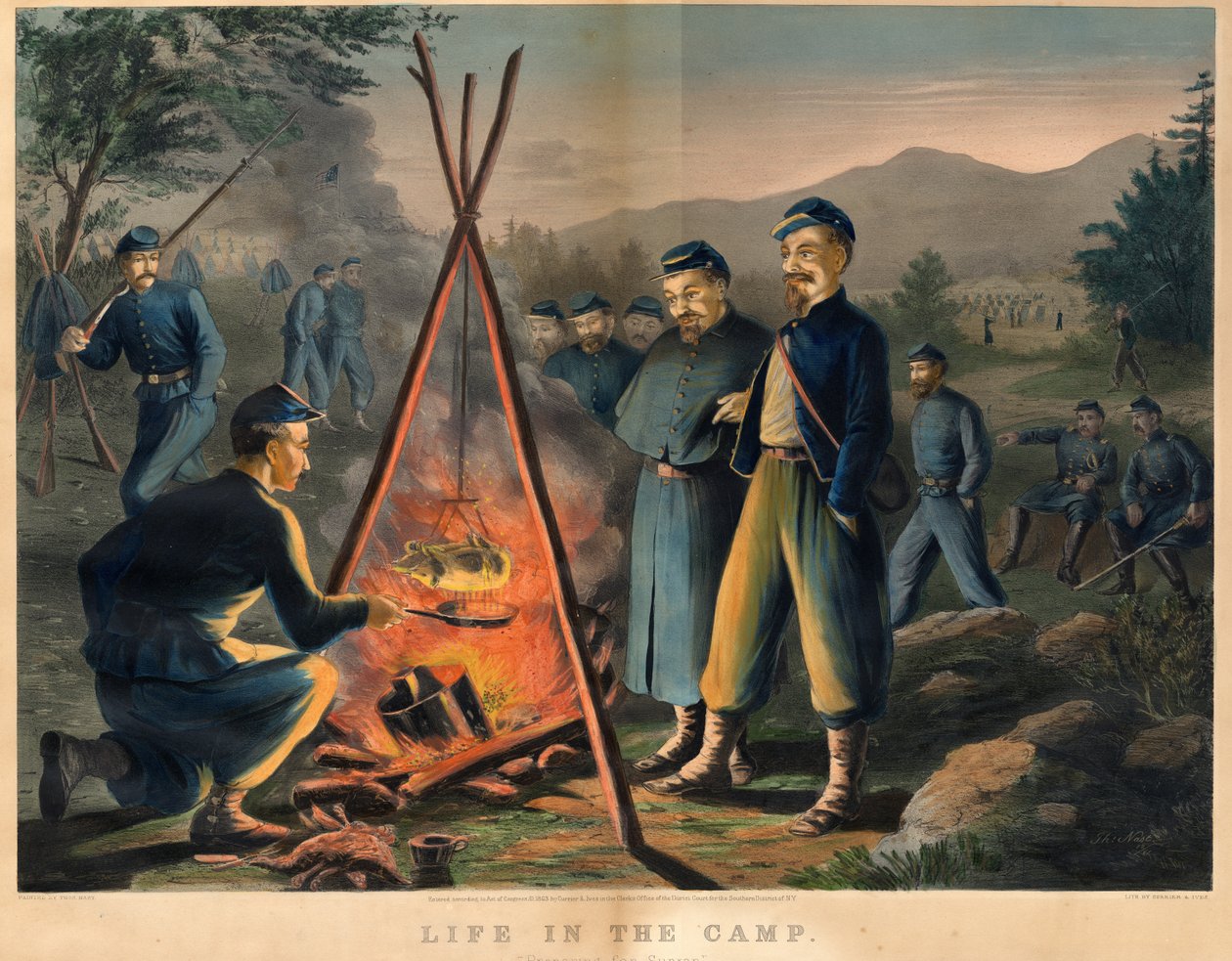 الحياة في المخيم ، نشرتها Currier und Ives ، 1863 بواسطة توماس ناست