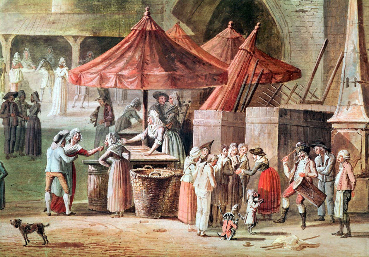 The Place de l&39;Apport-Paris أمام Grand Chatelet ، تفاصيل تجار السوق وفناني الشوارع ، قبل 1802 (مرحاض وجواش على الورق) بواسطة توماس نوديت