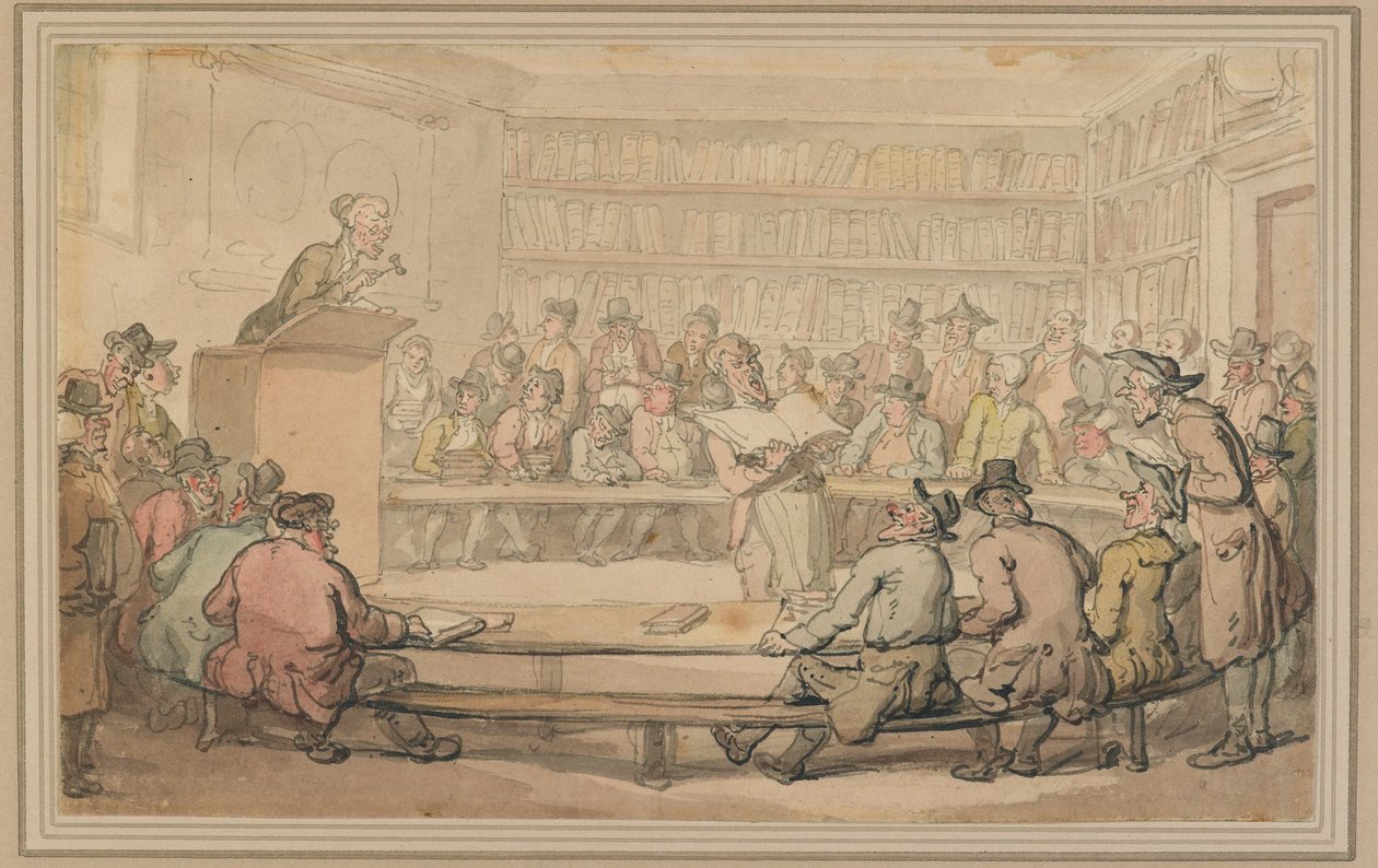 مزاد كتاب في Sothebys ، c.1810-15 (قلم وحبر وغسل على ورق) بواسطة توماس رولاندسون