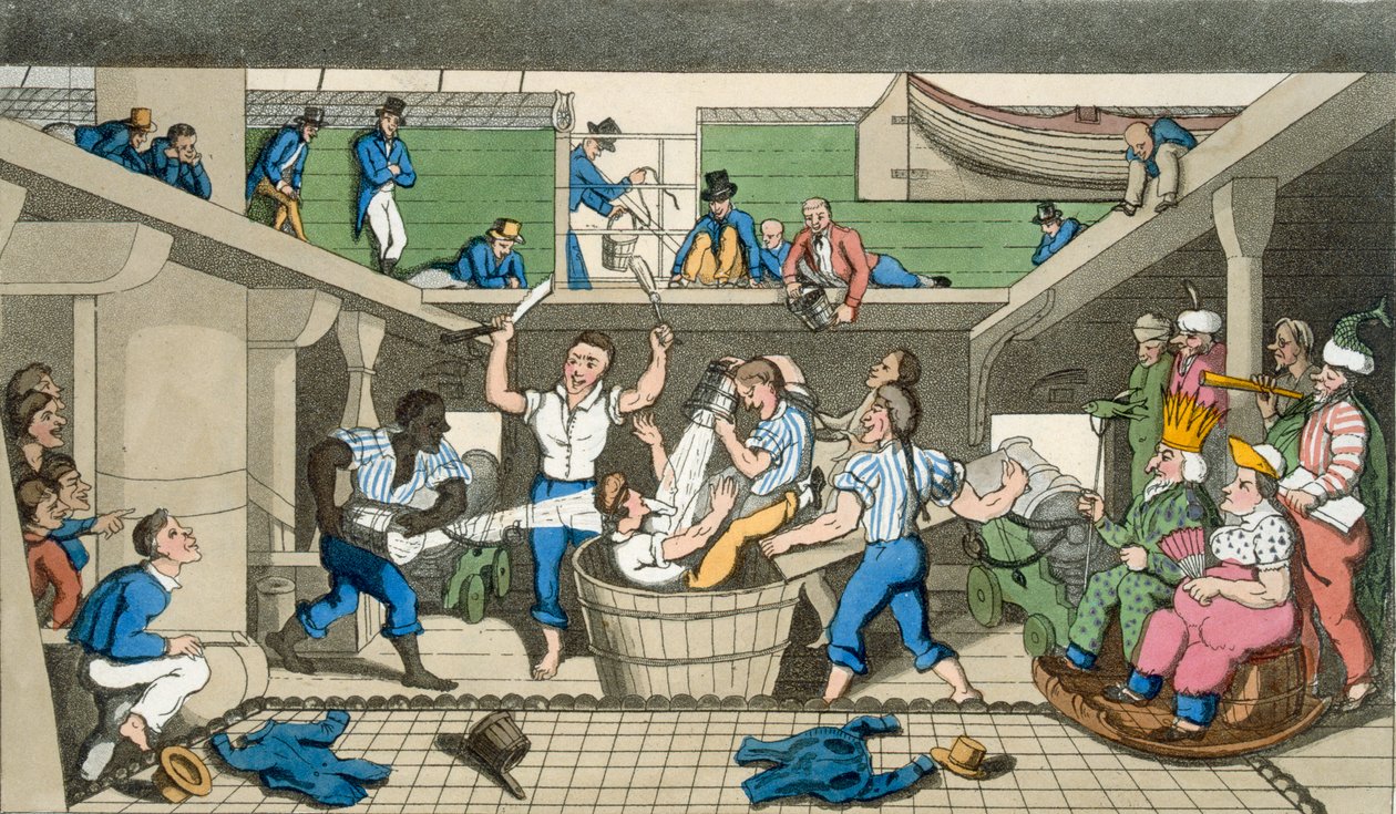 عبور الخط ، لوحة من "مغامرات جوني نيوميك في البحرية" بقلم جون ميتفورد (1782-1831) نقشها دبليو ريد ، 1818 بواسطة توماس رولاندسون