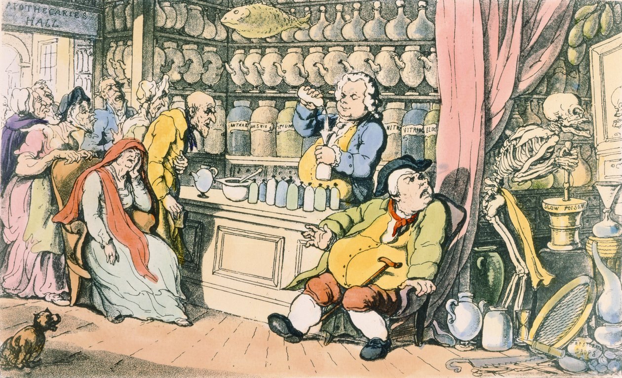 "الموت و Apothecary" أو "The Quack Doctor" ، رسم توضيحي من "رقصة الموت الإنجليزية" ، نشره R. Ackermann ، لندن 1815-17 (النقش الملون) بواسطة توماس رولاندسون