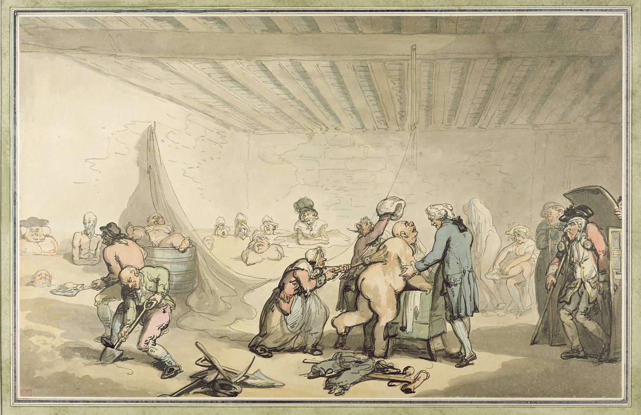 مؤسسة Dr Graham&39;s Cold Earth and Warm Mud Bathing Foundation في 26 Fleet Street ، London (قلم وحبر مع مرحاض فوق الجرافيت على ورق) بواسطة توماس رولاندسون
