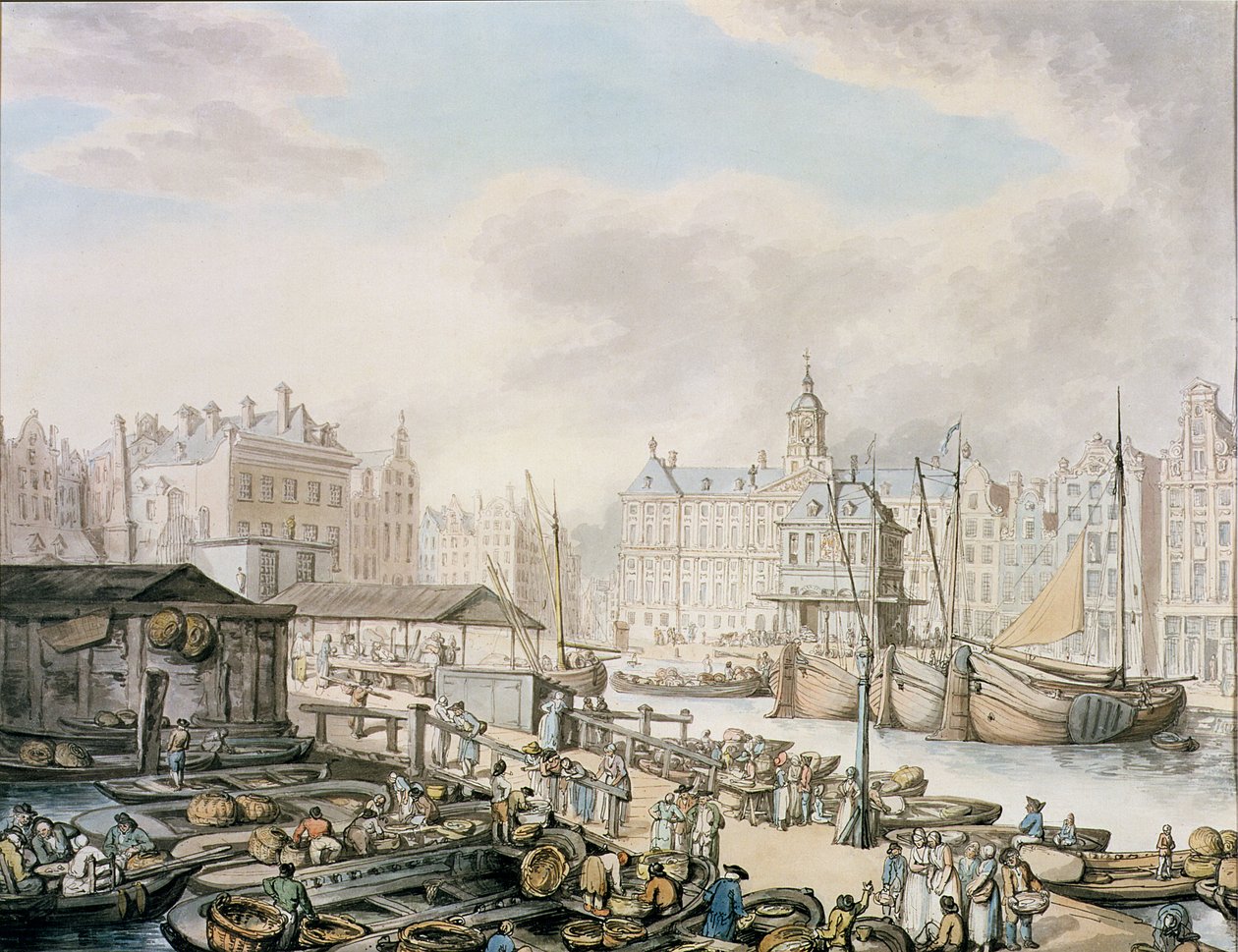 سد فيج وجزء من سوق السمك ، أمستردام ، ج 1794 (قلم وحبر مع مرحاض على ورق) بواسطة توماس رولاندسون