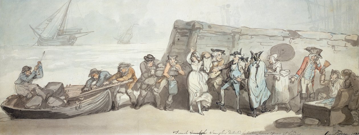 تم الكشف عن المهربين الفرنسيين من قبل ضباط البيت المخصص في Landing ، 1790 (قلم وحبر ومرحاض وغسل حبر على ورق) بواسطة توماس رولاندسون