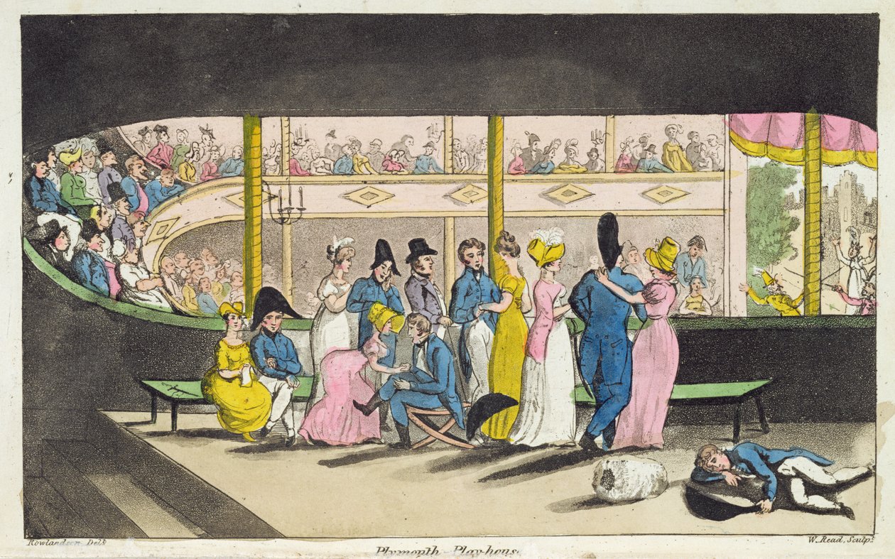 بليموث بلايهاوس ، لوحة من "مغامرات جوني نيوميك في البحرية" بقلم جون ميتفورد (1782-1831) نقشها دبليو ريد ، 1818 بواسطة توماس رولاندسون
