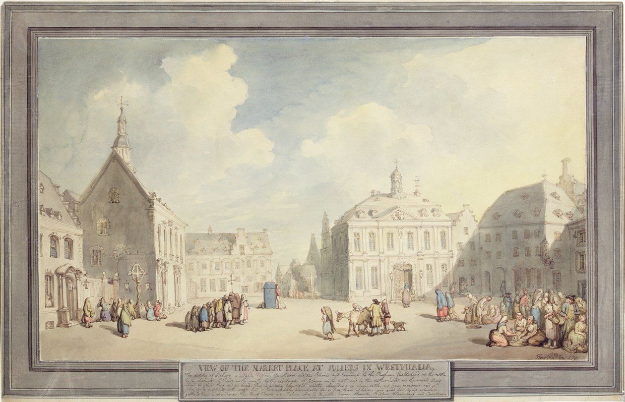 The Market Place at Juliers in Westphalia ، 1791 (قلم وحبر وألوان مائية على الجرافيت على ورق) بواسطة توماس رولاندسون