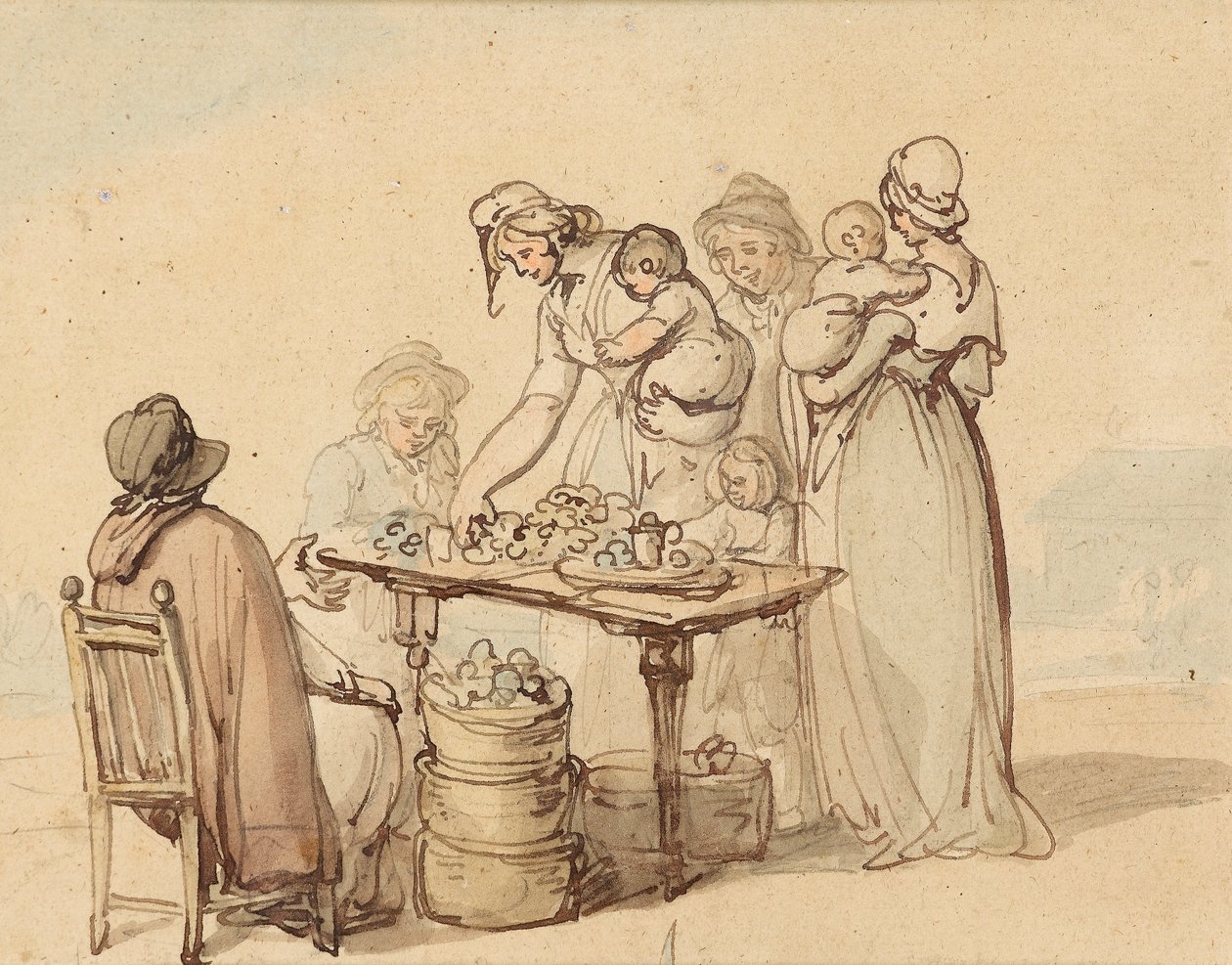 The Oyster Stall (قلم وحبر بني مع غسيل على الورق) بواسطة توماس رولاندسون