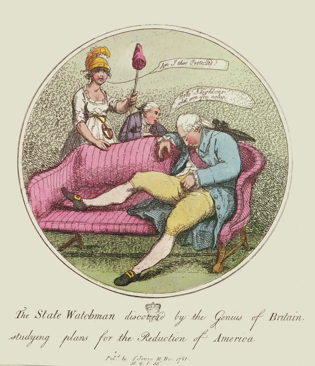اكتشف حارس الدولة من قبل عبقرية بريطانيا ، دراسة خطط للحد من أمريكا ، 1781 (النقش الملون) بواسطة توماس رولاندسون