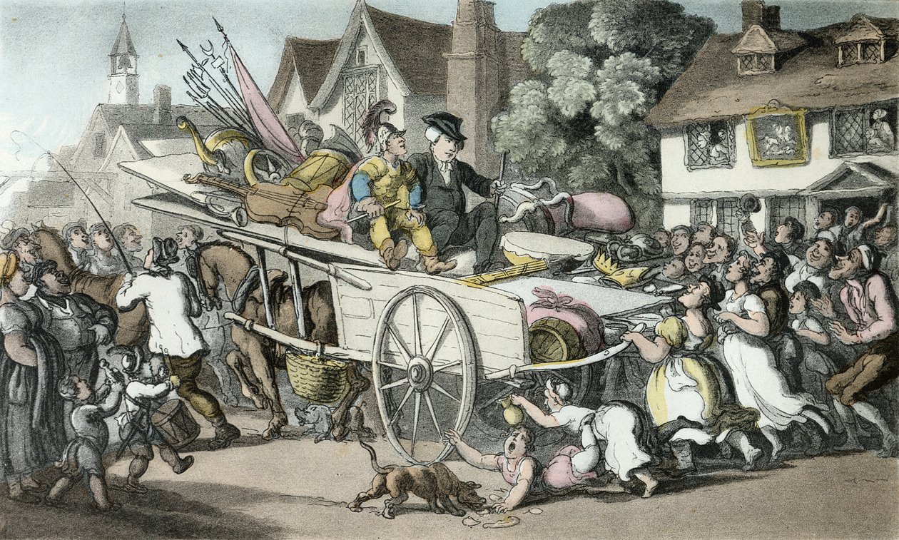 The Vicar in Company with Strollers Players ، توضيح من &39;Vicar of Wakefield&39; بواسطة Oliver Goldsmith ، حانة. أكرمان ، 1817 (ألوان مائية يدوية) بواسطة توماس رولاندسون