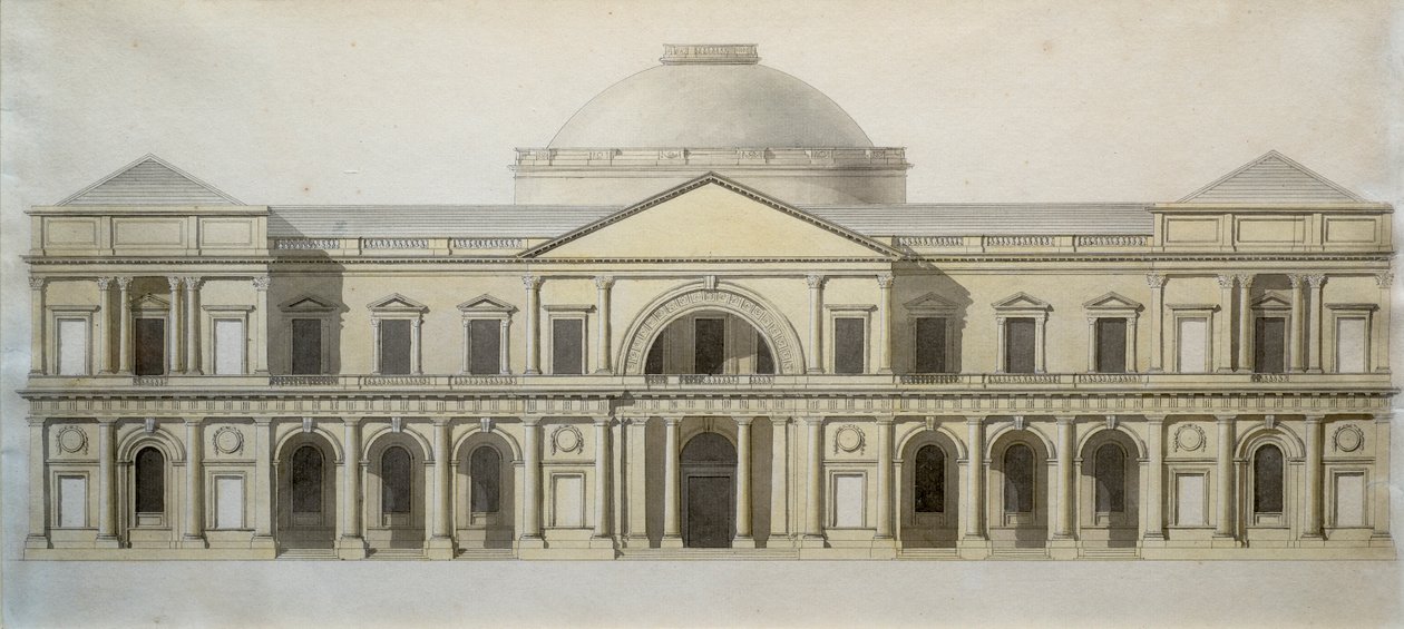 تصميم المنافسة لمبنى التبادل الملكي في دبلن ، c.1769 (قلم وحبر مع غسل ملون على الورق) بواسطة توماس ساندبي